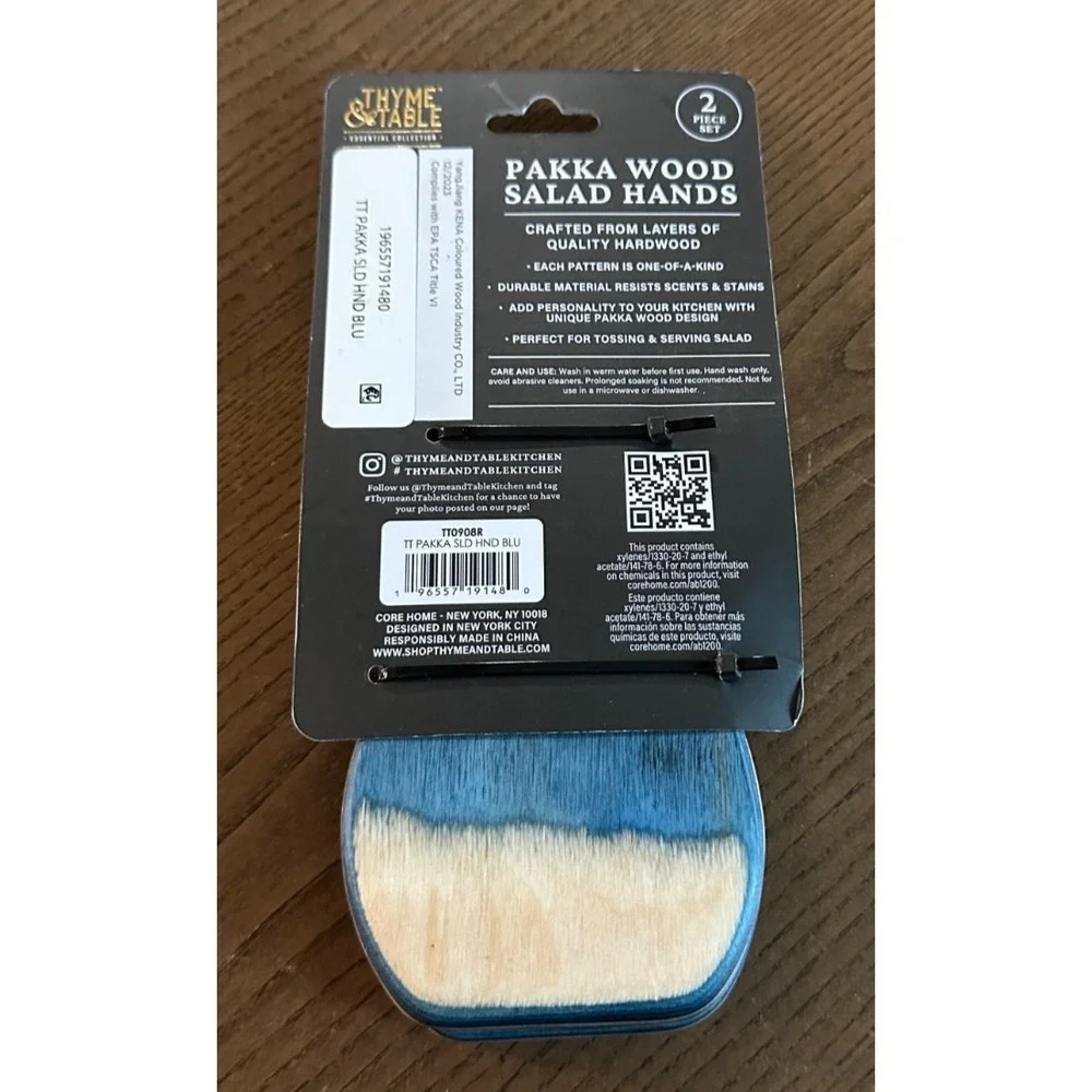 Thyme & Table Blue PakkaWood Salad Tosser Hand Set (2 Pack) New! Unique Pattern